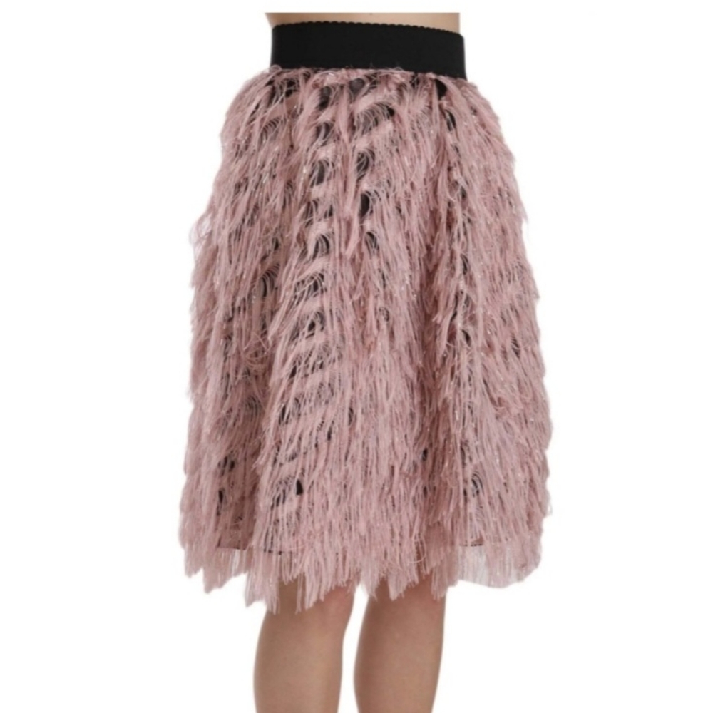 Dolce & Gabbana Fluffy Pink Fringe Metallic Skirt Size US 8 IT 44 Elastic Waist